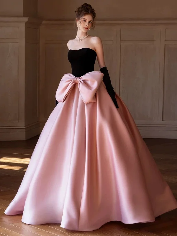 Affordable Women's Clothing Bohemian Vibe Modest Ball Gown Strapless Pink Prom Dress With Bow Long Evening Dresses C1652