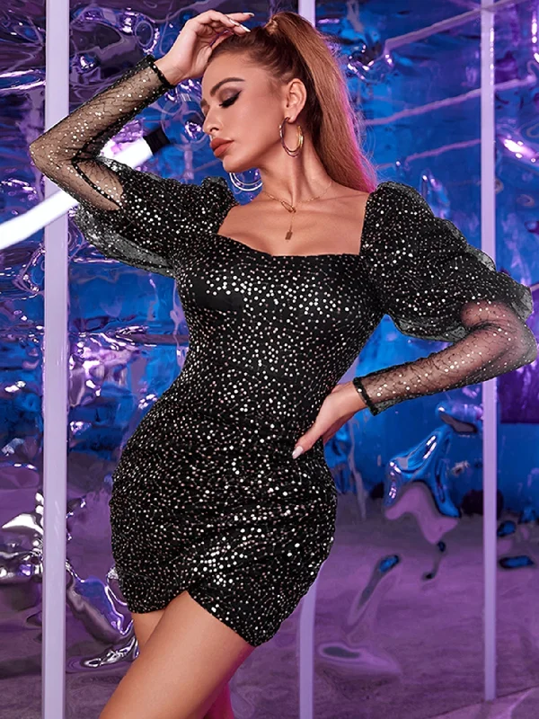 Women's Athletic Apparel Effortless Grace KittenAlarm - Gigot Sleeve Wrap Sequin Bodycon Dress