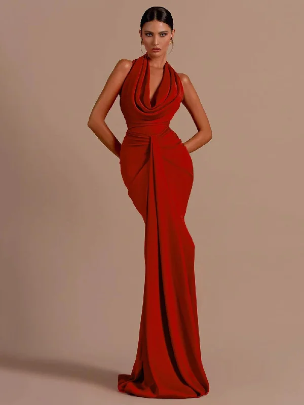 Stylish Women's Apparel Feminine Elegant Red Backless Halter V-Neck Maxi Bodycon Christmas Party Dress