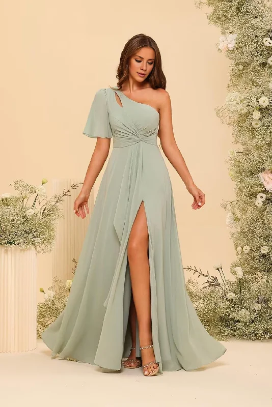 Women's Fashionable Clothing Sets Effortless Comfort Formal Wear Dresses Bridesmaid Dresses Single Sleeve Short Sleeves Chiffon Side Fork Pleated Elegant Wedding Guest Dresses