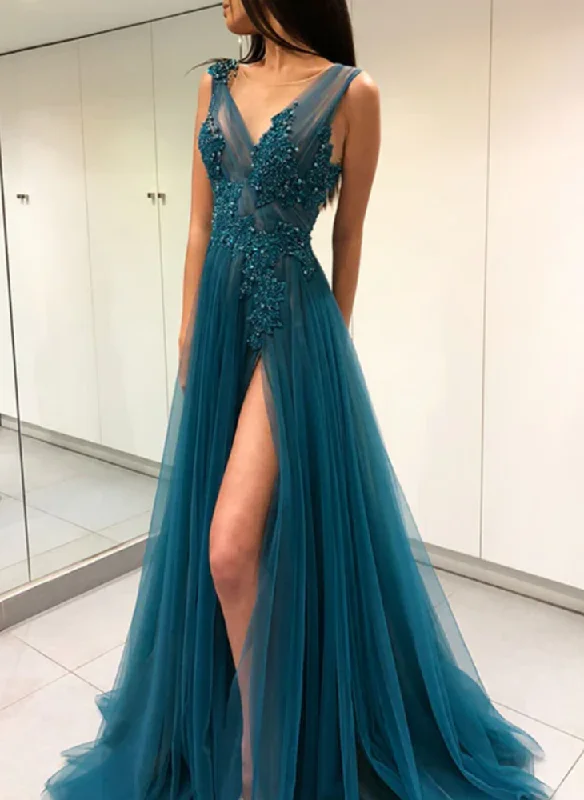 Women's Clothes For Special Occasions Feminine Allure Women Lace Slit Prom Dresses Long V-Neck Evening Gowns Formal Party Dress YPD461