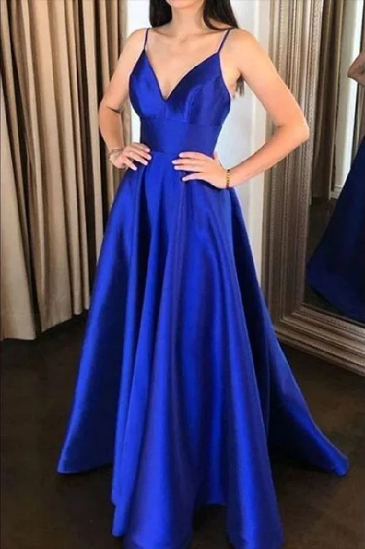 Women's Elegant Clothing Sets Seasonal Trend Satin A Line V Neck Royal Blue Evening Formal Party Dress ,Girls Prom Long Gown     cg17104