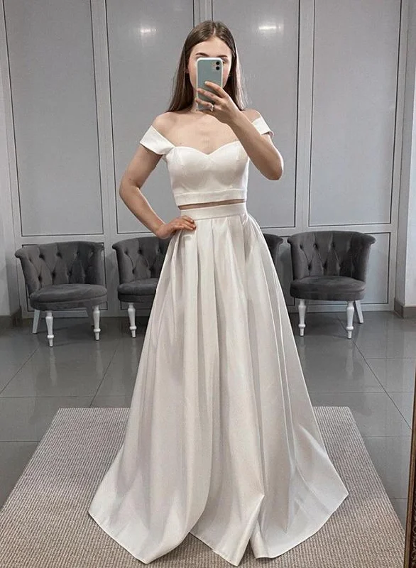 Women's Outerwear Garments Effortless Style White satin long prom dress two pieces evening dress   cg13387