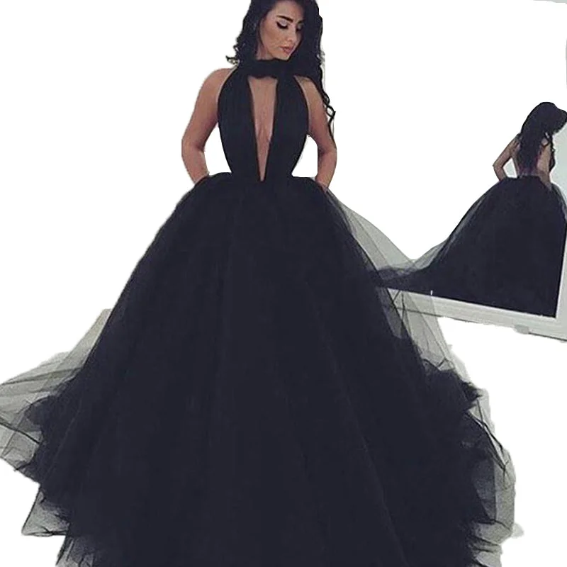 Women's Vintage-Inspired Clothing Artful Design LP632 Black Prom Dress High Neck Puffy Ball Gown Formal Dress ,Backless Evening Dresses Long Party Gowns