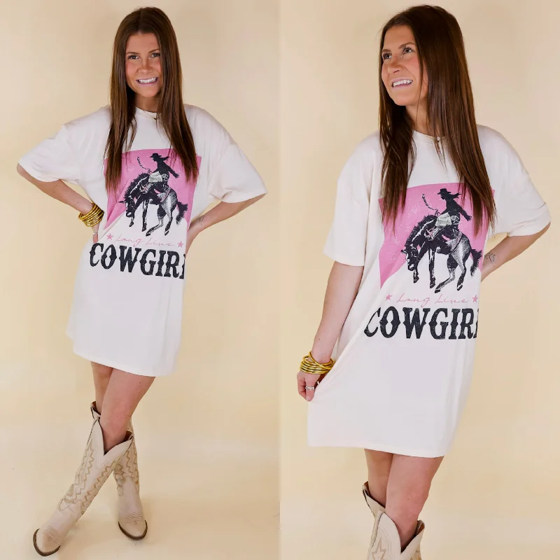 Women's Cozy Outfit For Lounging Minimalist Chic Long Live Cowgirl Short Sleeve Tee Shirt Dress in Cream