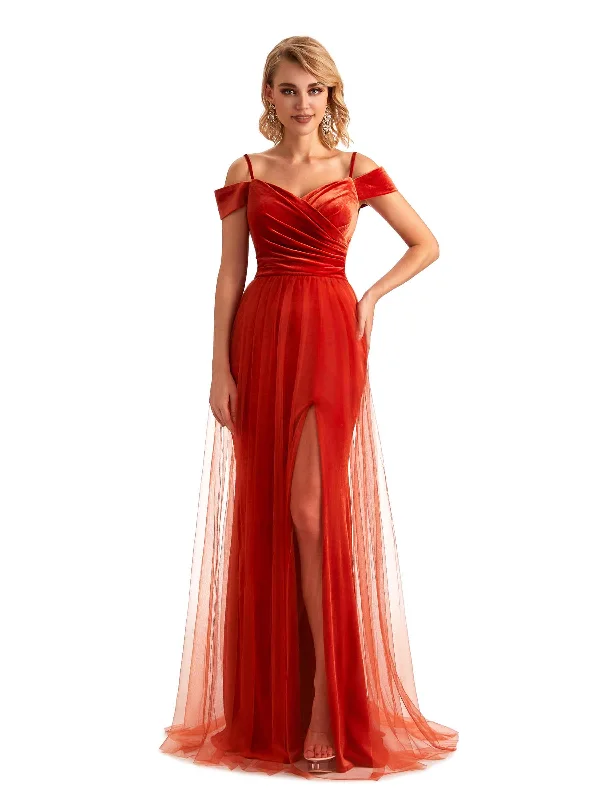 Women's Fashionable Attire For Work Romantic Detailing Elegant Mermaid Spaghetti Straps Cold Shoulder Side Slit Tulle Velvet Long Bridesmaid Dresses