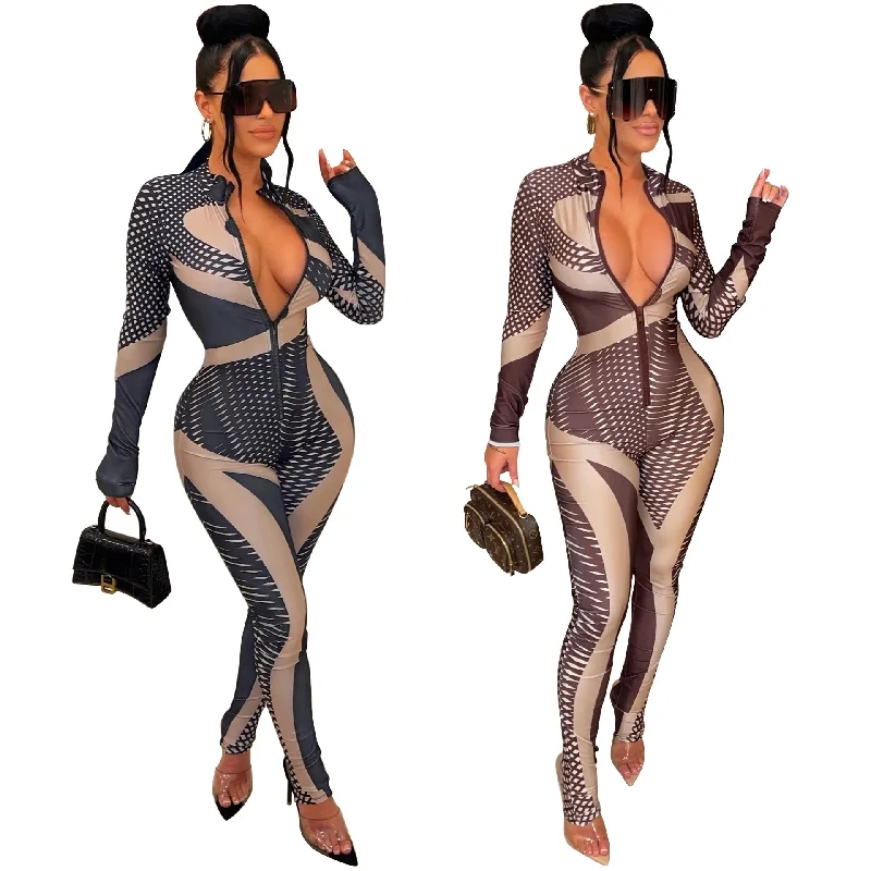 Women's Night-Out Clothes Sleek Design C1102TA85 High Quality Casual Long Sleeve Print Zipper Bodycon One Piece Jumpsuit Women Sehe Fashion