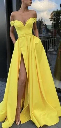 Elegant Clothing For Women Limited - Time Bundle A-Line Sexy Split Yellow Elegant Long Satin Off Shoulder Prom Dresses  cg6717