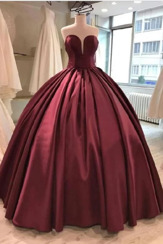 Women's Clothing With Trendy Designs Elegant Ensemble Burgundy Satin Sweetheart Prom Dresses Ball Gowns cg4363