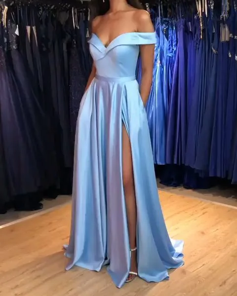 Women's Seasonal Clothing Huge Savings on Parisian Styles Hot Sexy A-Line Off th Shoulder Blue Satin Long Prom/Evening Dress with Split Front  cg6534