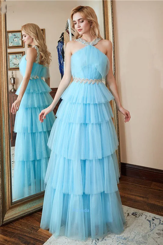 Casual Chic Women's Clothes Modern Romance A Line Sleeveless Layers Floor Length Tulle Prom Dress N2648