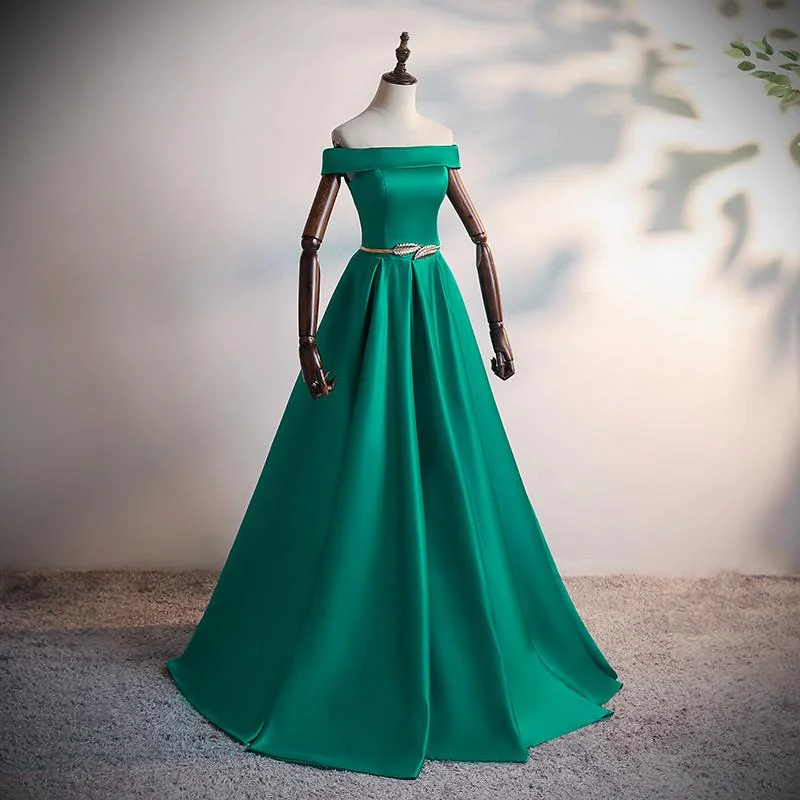 Women's Tops And Clothing Chic Sophistication Fashionable Green Satin Scoop Long Prom Dress, A-Line Green Evening Dress, Formal Dress   cg16879