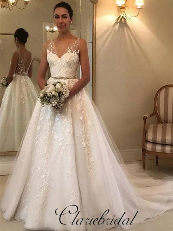 Women's Charming Outfit For Events Minimalist Elegant V-neck A-line Lace Tulle Wedding Dresses, Long Bridal Gown