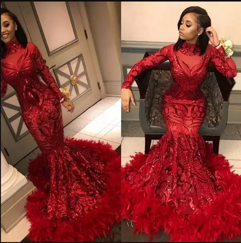 Women's Clothing Outfit Set Vintage Elegance Gorgeous Sparkly Red Mermaid Evening Dresses Sequined with Feathers Long Sleeve African Black Girl Prom Dresses Formal Party Gown SA1329