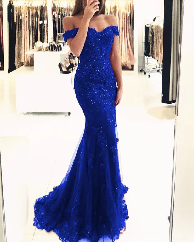 Women's Comfortable Apparel Romantic Detailing Royal Blue Lace Mermaid Prom Gown Off Shoulder with Sequins Long PL614