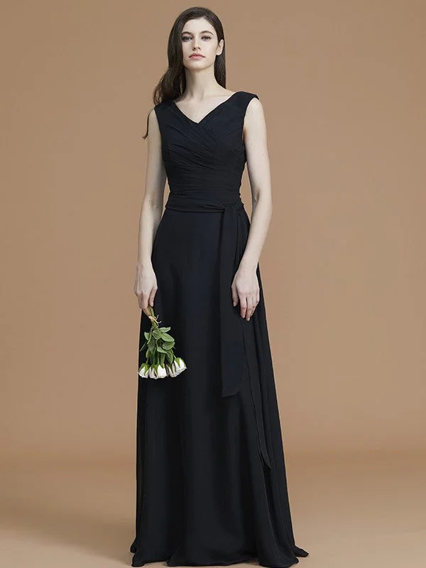 Women's Trendy Garments Graceful Drape A-Line/Princess V-neck Sleeveless Floor-Length Sash/Ribbon/Belt Chiffon Bridesmaid Dresses