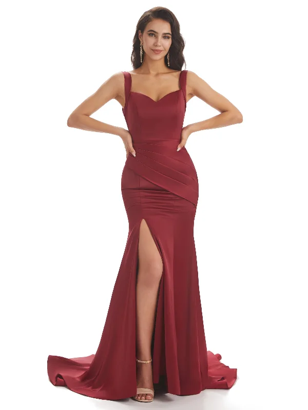 Women's Evening Attire Clearance Event Sexy Soft Satin Side Slit Straps Square Floor-Length Mermaid Bridesmaid Dresses For Wedding