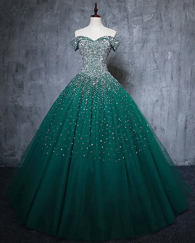 Women's Casual Wear Clothes Minimalist Chic Sparkly Puffy Off the Shoulder Crystal Dark green Quinceanera DressesBall Gown  Prom Dress Ball Gown PL6211