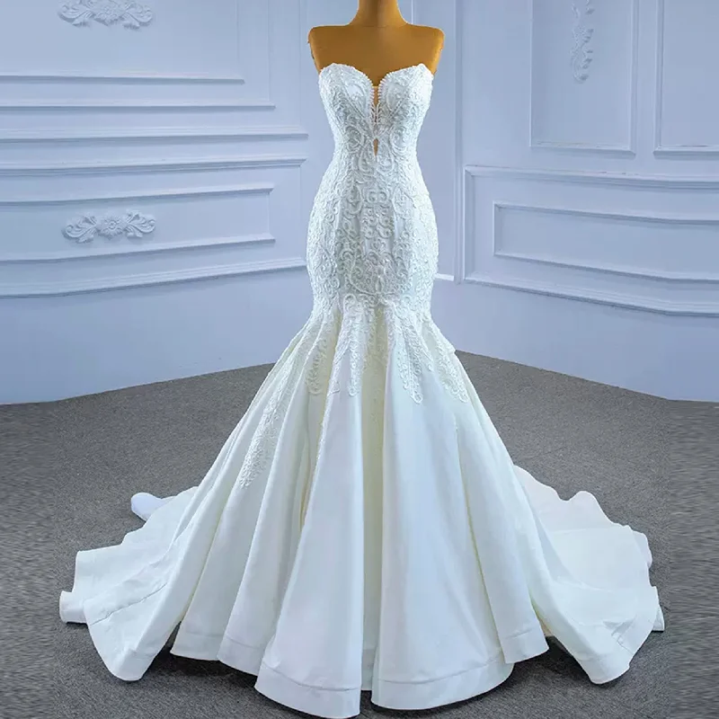 High-Fashion Women's Clothing Romantic Detailing Strapless Lace Mermaid Wedding Dress Sweetheart Beaded Bridal Gown