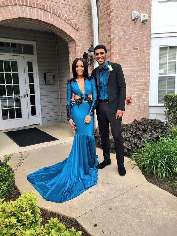 Women's Clothes For Outdoor Events Dreamy Aesthetic Blue Mermaid Satin Prom Dresses Sexy Deep V Neck Long Sleeve Black Appliques African Girl Black Girl Evening Formal Gowns  cg7218