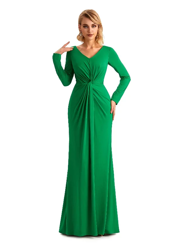 Women's Vacation Garments Romantic Detailing Elegant Mermaid Pleats V-neck Long-Sleeves Stretchy Jersey Long Formal Bridesmaid Dresses