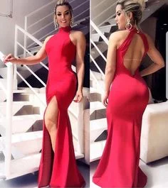 Women's Clothing Charming Silhouette Boho Prom Dress, Red Satin Prom Dresses Long Mermaid Evening Dresses Halter Formal Gowns Sexy Backless Party Graduation Dresses  cg6889