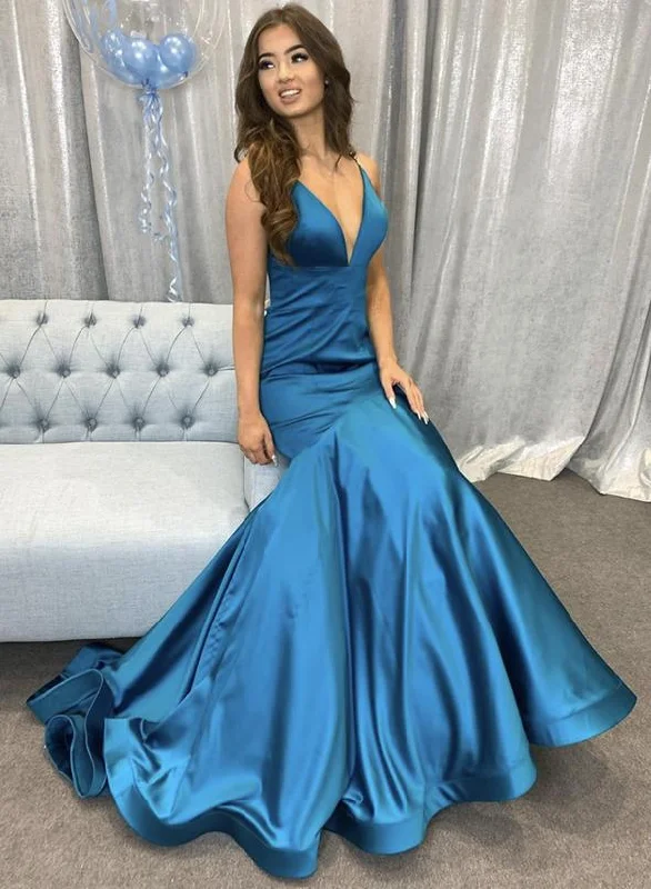 Women's Trendy Garments Bold Silhouette Blue satin long prom dress blue evening dress   cg13365