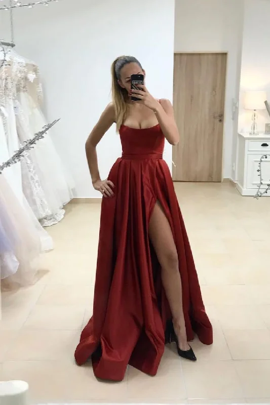 Chic Clothing For Women Huge Savings on Parisian Styles Simple satin burgundy long prom dress burgundy evening dress   cg14122