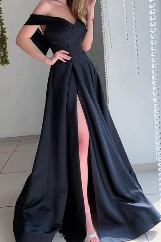 Women's Elegant Clothes Graceful Drape SIMPLE BLACK SATIN LONG PROM DRESS BLACK SATIN EVENING DRESS   cg14468