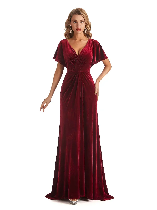 Affordable Women's Garments Bold Patterns Elegant Sheath Velvet Short Sleeves V-neck Long Bridesmaid Dresses Online