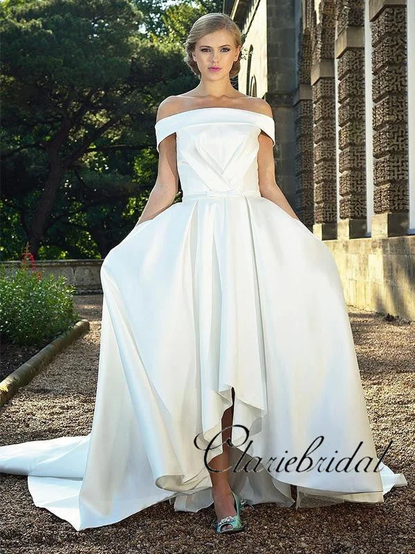 Women's Weekend Outfit Romantic Detailing Off Shoulder Ivory Satin A-line Long Train Wedding Dresses