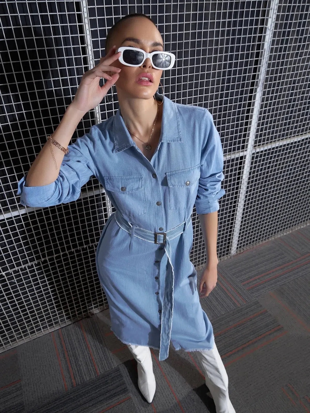 Women's Plus-Size Outfit Sleek Design Women Ice Blue Raw Edge Pocket Shirt Dress