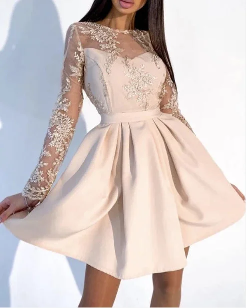 Women's Classic Outfit Modern Romance Cute A-Line Mini Dress Champagne Dresses Lace Long Sleeves Bridesmaid Dresses