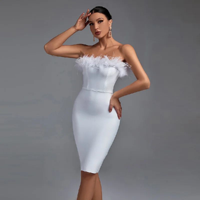 Women's Vacation Clothes Elegant Details Strapless Sleeveless Plume Mini Bandage Dress PF1108