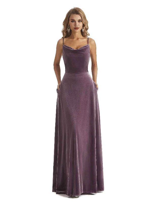 Women's Cozy Winter Attire Polished Finish Elegant Mermaid Cowl Spaghetti Straps Velvet Long Bridesmaid Dresses Online