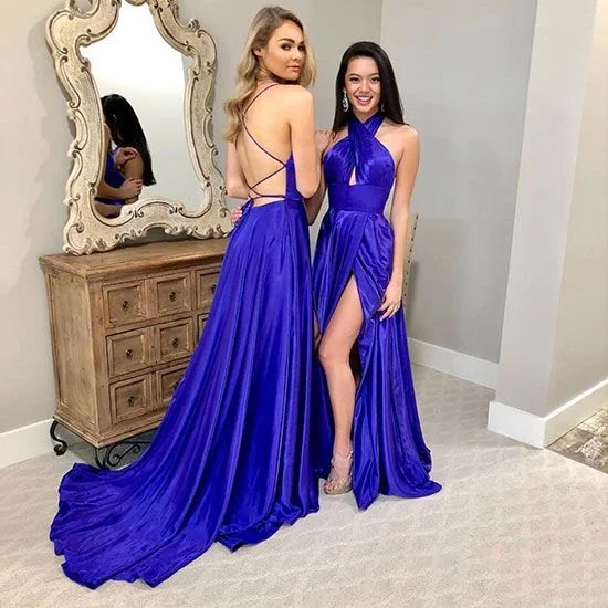 Women's Evening Clothing Clearance Event Unique blue satin backless long prom dress, formal dress   cg14104