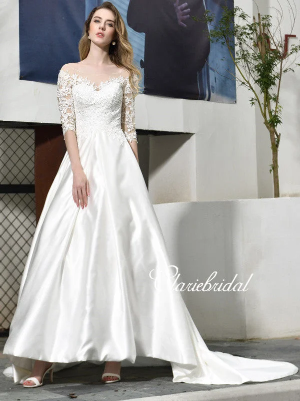 Women's Outdoor Attire Luxury Style Half Sleeves Lace Satin Wedding Dresses, Long Wedding Dresses, Ivory Satin Lace Wedding Dresses