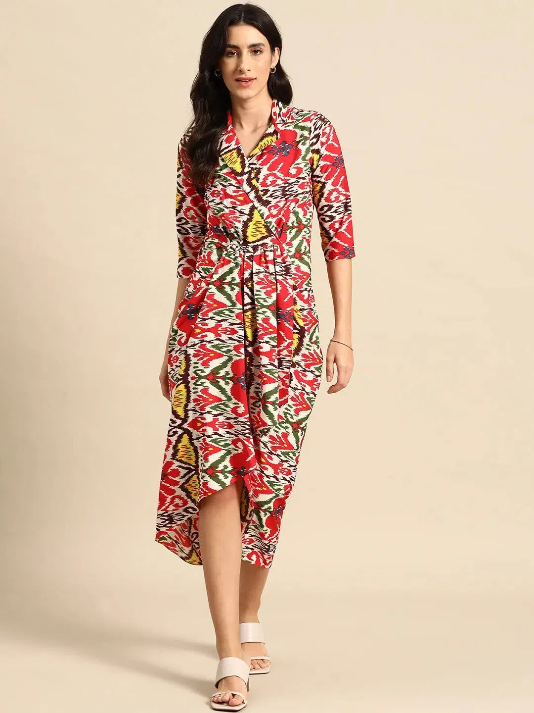 Sustainable Fashion Clothing For Women Holiday Sale Shirt Dress with front Drape in Red and Cream Ikkat Print