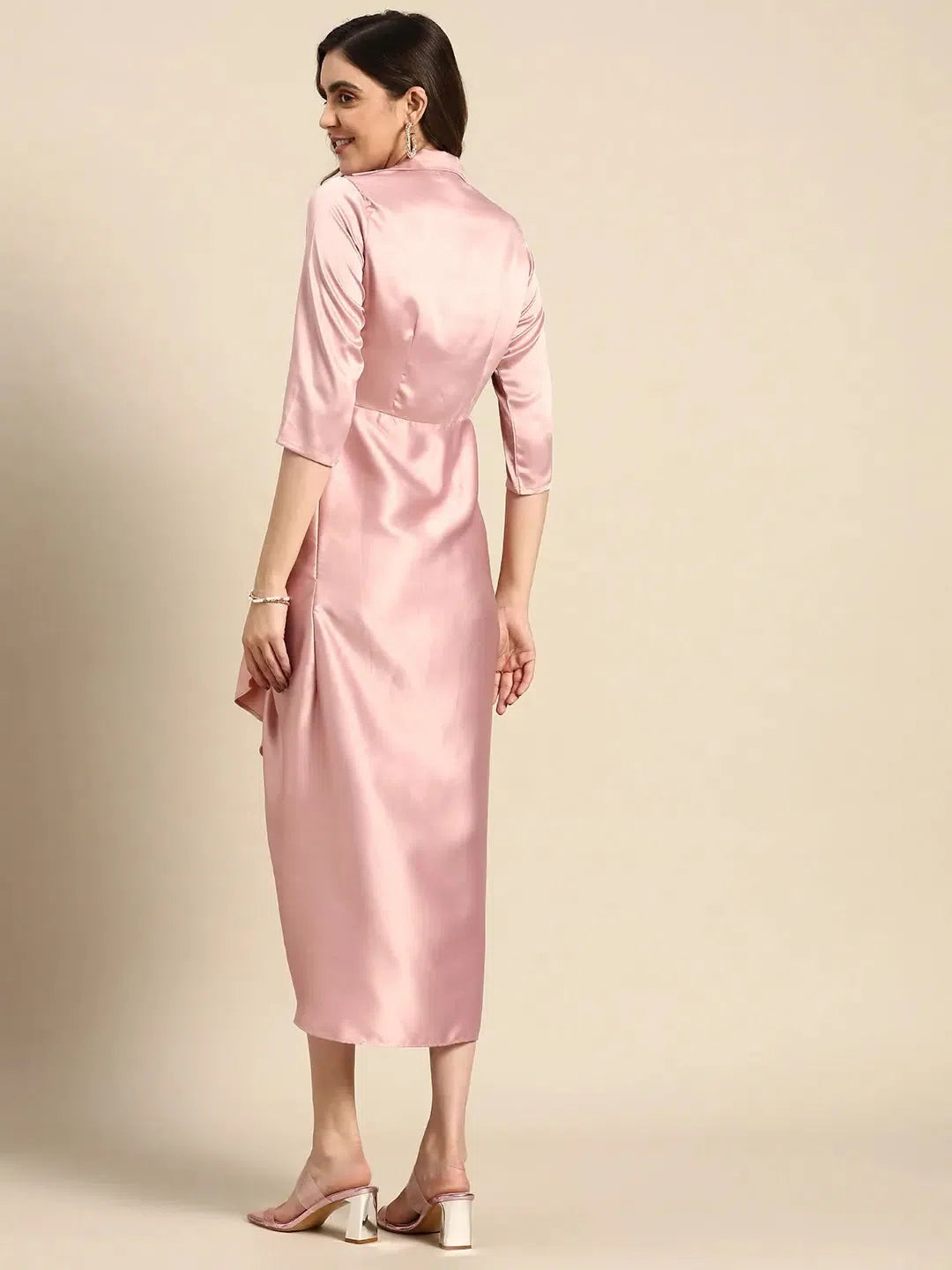 Women's Romantic Outfit Graceful Cut Shirt Dress with front Drape in Powder Pink