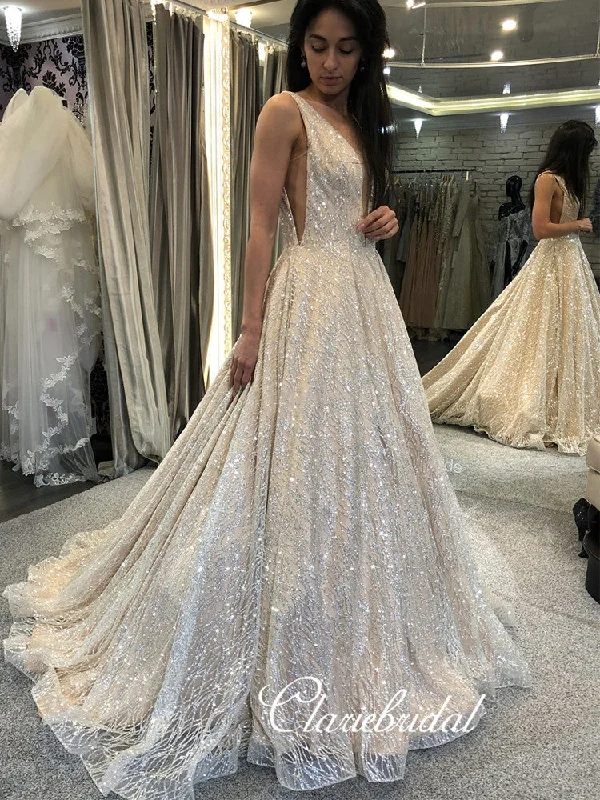 Women's Formal Event Clothing Elevated Style V-neck Sequin Tulle Long Bridal Gown, Sparkle Wedding Dresses, Long Wedding Dresses, Bridal Gown