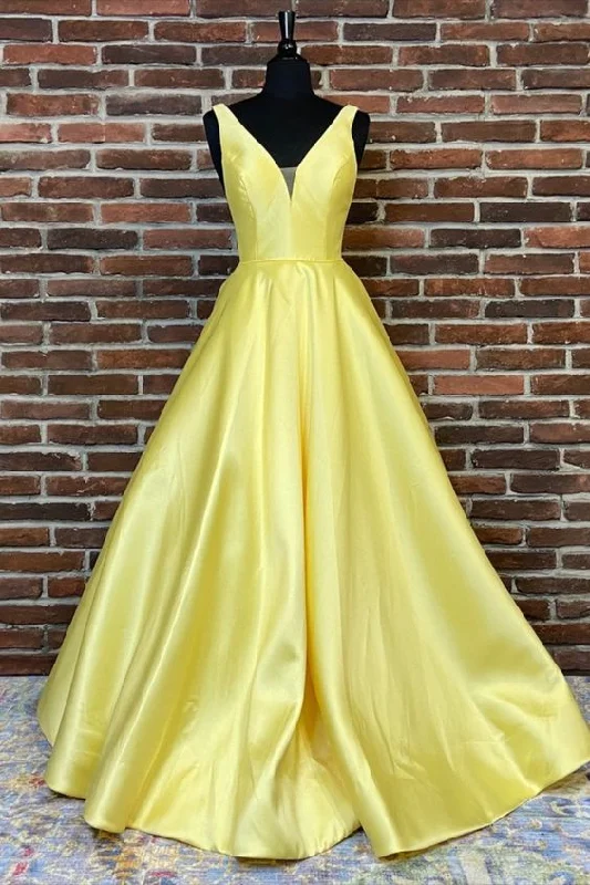 Classic Women's Apparel Holiday Sale simple A-line yellow satin long prom dress with v neck   cg16268