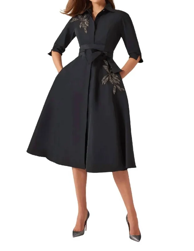 Women's Occasion Wear Apparel Feminine Grace Taffeta And Faille Shirt Dress In Black