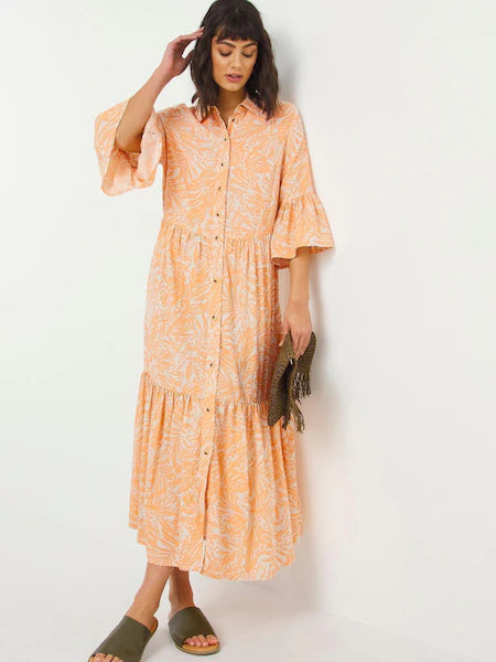 Casual Outfit For Women Romantic Detailing Orange Print Shirt Dress