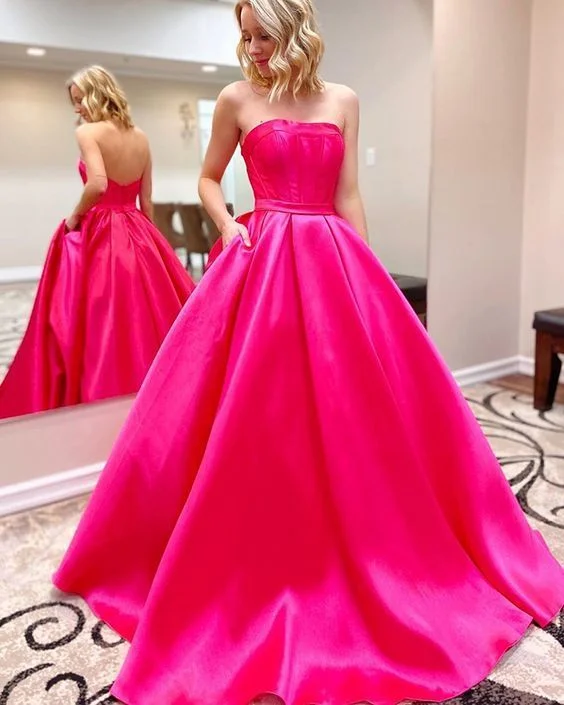 Women's Clothing And Garments Sets Feminine Elegance Simple Strapless Satin Prom Dress with Pockets    cg13231