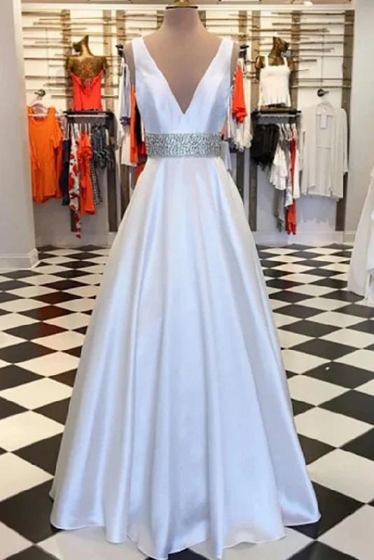 Women's Workout Garments Mid - Season Sale A-Line V-Neck Floor-Length White Satin Prom Dress With Beading    cg13042