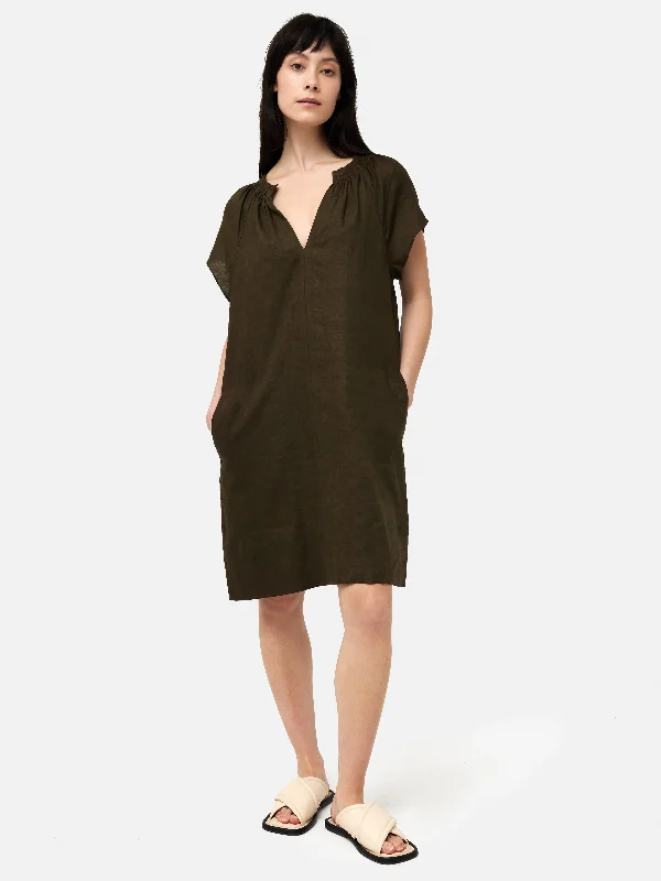 Timeless Women's Clothing Luxe Layering Linen Smocked T-shirt Dress | Dark Green