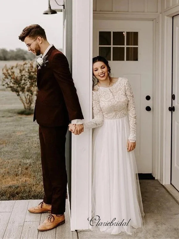 Women's Clothing For Work Elegant Ensemble Long Sleeves Lace Wedding Dresses, Beauty A-line Wedding Dresses, Bridal Gowns