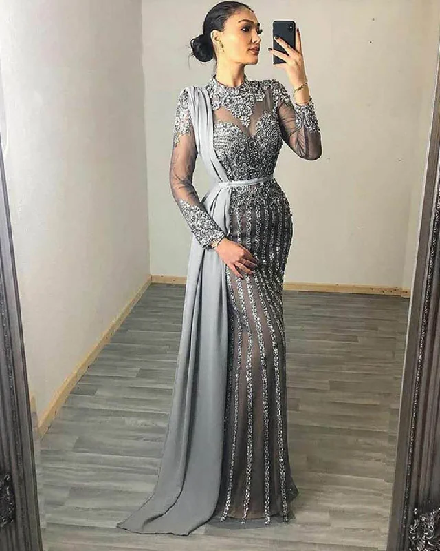 Women's Trendy Clothes Contemporary Chic Muslim beading Evening Dresses High Neck Dubai Long Sleeve prom gown Mermaid Women Party Dress CB0903