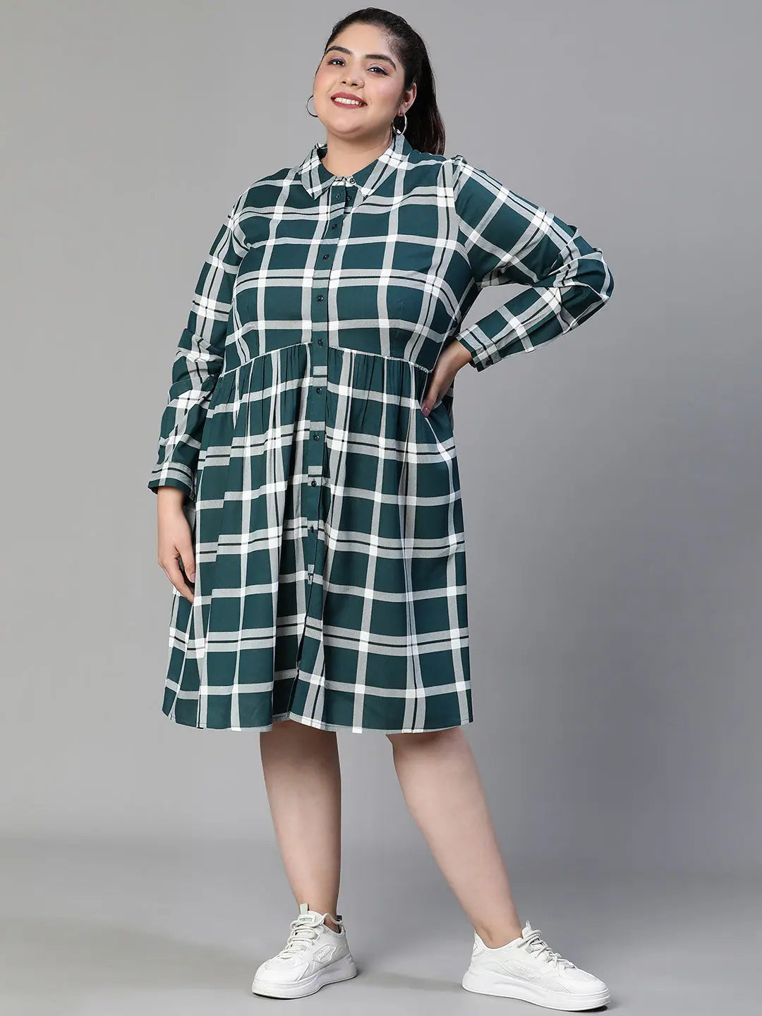 Women's Attire Alluring Design Right Check Print Button -Down Green Plus Size Shirt Dress