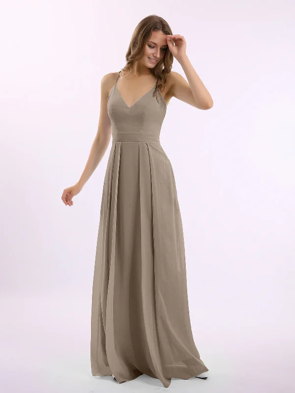 Women's Clothing For Outdoor Events Alluring Design Spaghetti Strap V-neck Chiffon Gowns with Pocket-Taupe Long Bridesmaid Dresses